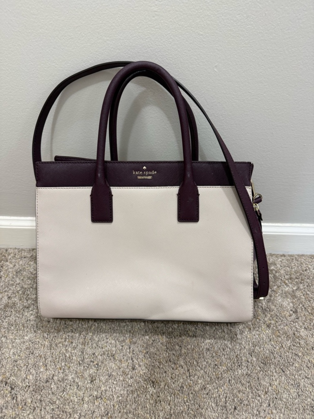 kate spade Cream and Plum Leather Satchel with Shoulder Strap